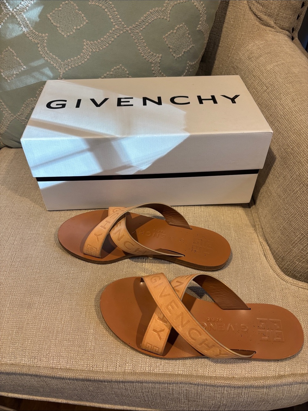Givenchy Tan Leather Cross-Strap Slide Sandals